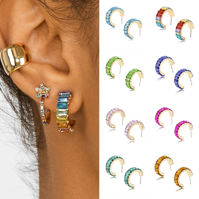 Multicolor C-Shape Temperament Crystal Drop Earrings For Women Unique Rainbow Earrings Clip on Earrings Elegant Ear Cuff Jewelry