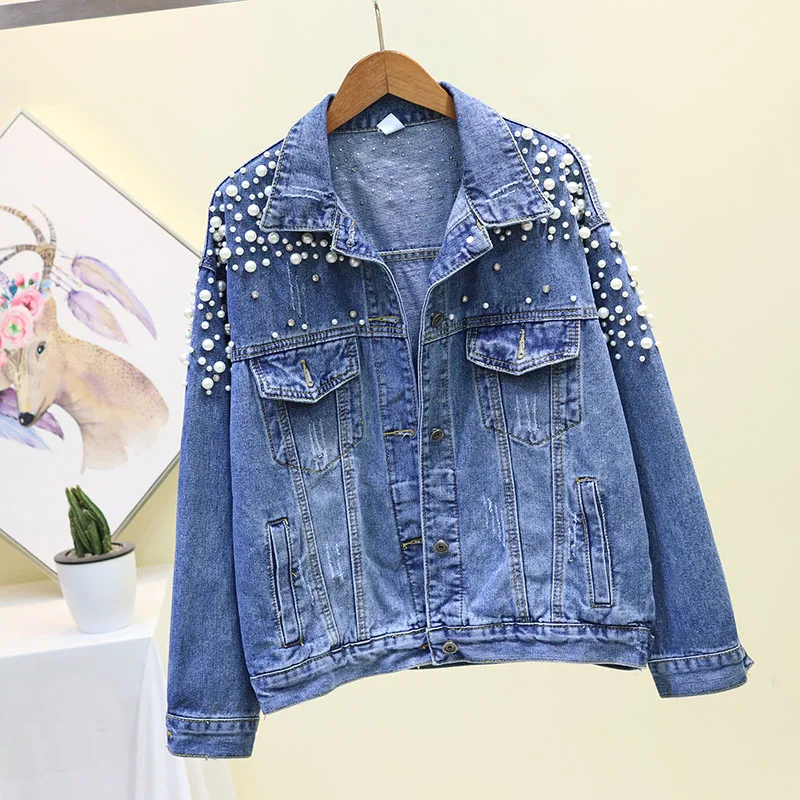 

2020 Spring New Fashion women Pearl Turndown collar hand Frayed Denim jacket Autumn loose long sleeve casual Female jeans jacket