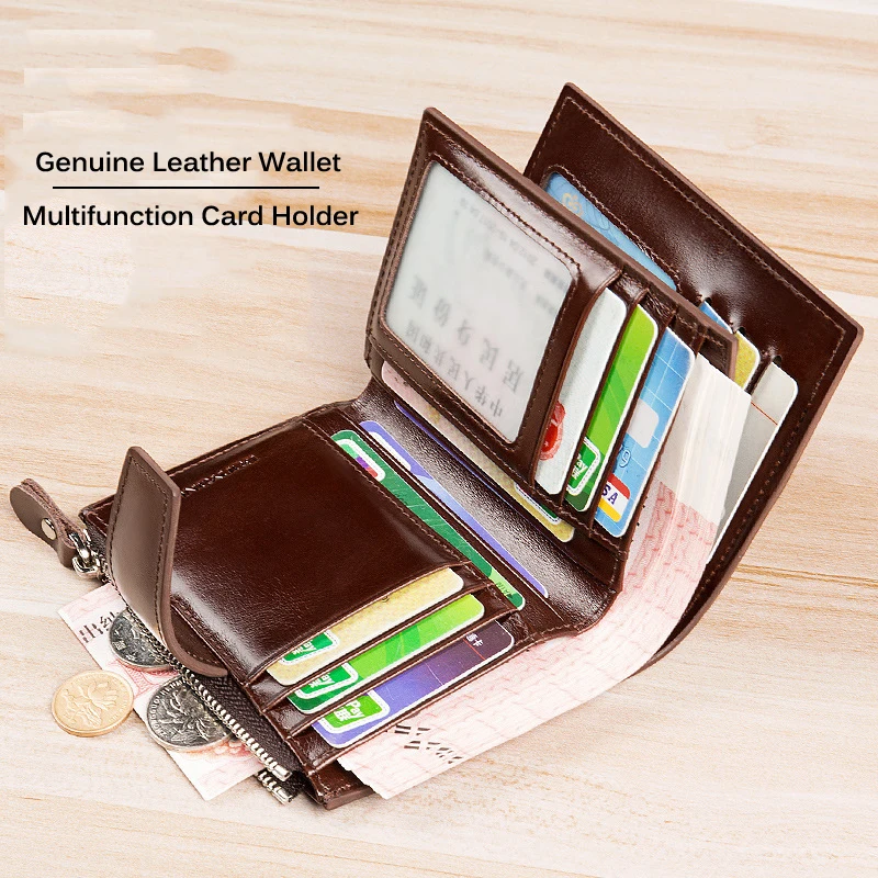 Men's Leather Trifold Short Wallet RFID Blocking Credit Card Holder Coin Zipper Pocket