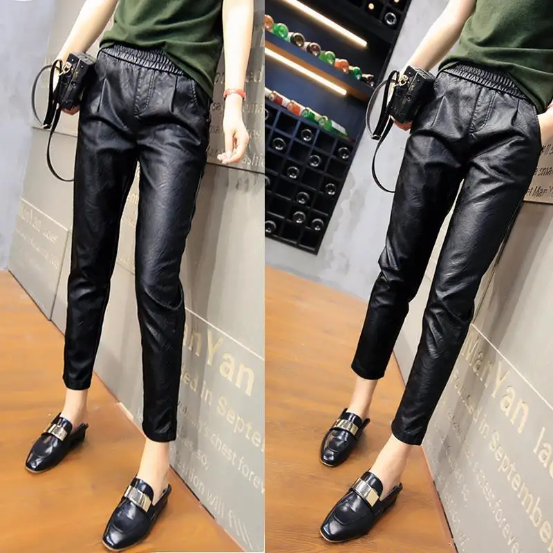 

Leather pants 2020 new spring and autumn thin wear Harlan loose slim casual cropped pants