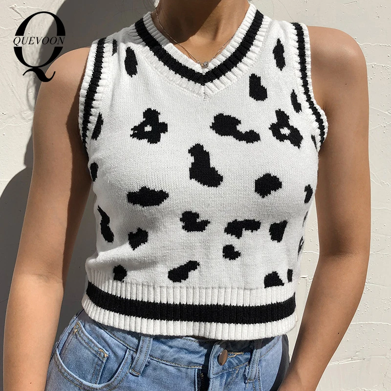 

QUEVOON Patchwork Milk Cow Printed Sweater Vest V-Neck Sleeveless Knitting Sweaters Streetwear Autumn WInter Ladies Sweater Tank