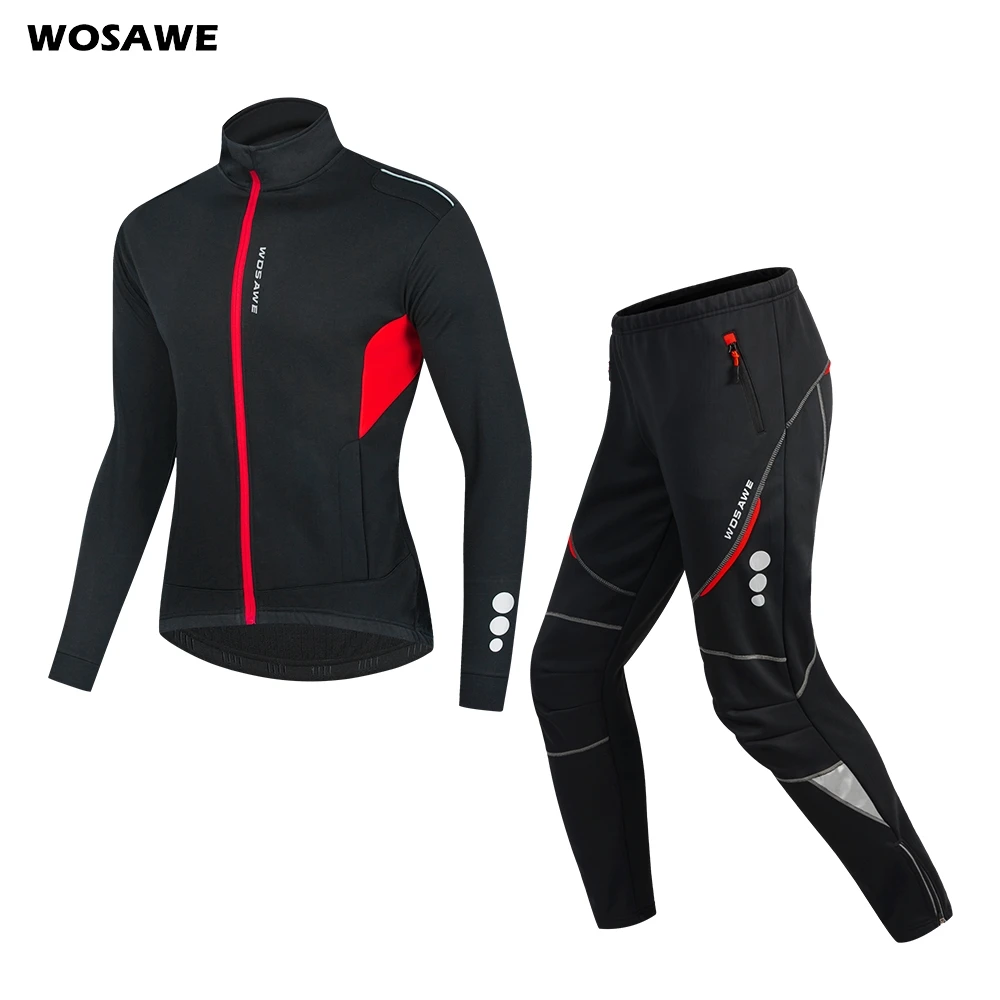 

WOSAWE Cycling Bike Bicycle Long sleeve Jacket Pants Set Winter Thermal Fleece Jersey Windproof Reflective Sportswear Clothing