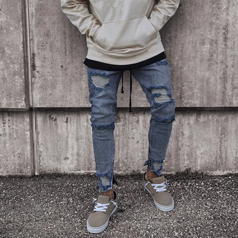 Plus Size Jeans for Men Fashion Knee Hole Stretch Destroyed Frayed Denim Pants Casual Skinny Gray Ripped Jeans Pantalones 3
