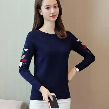 

Women Embroidery Jumpers Tops O-Neck Autumn Long Sleeve Thin Pullovers Female Casual Knitted Sweater