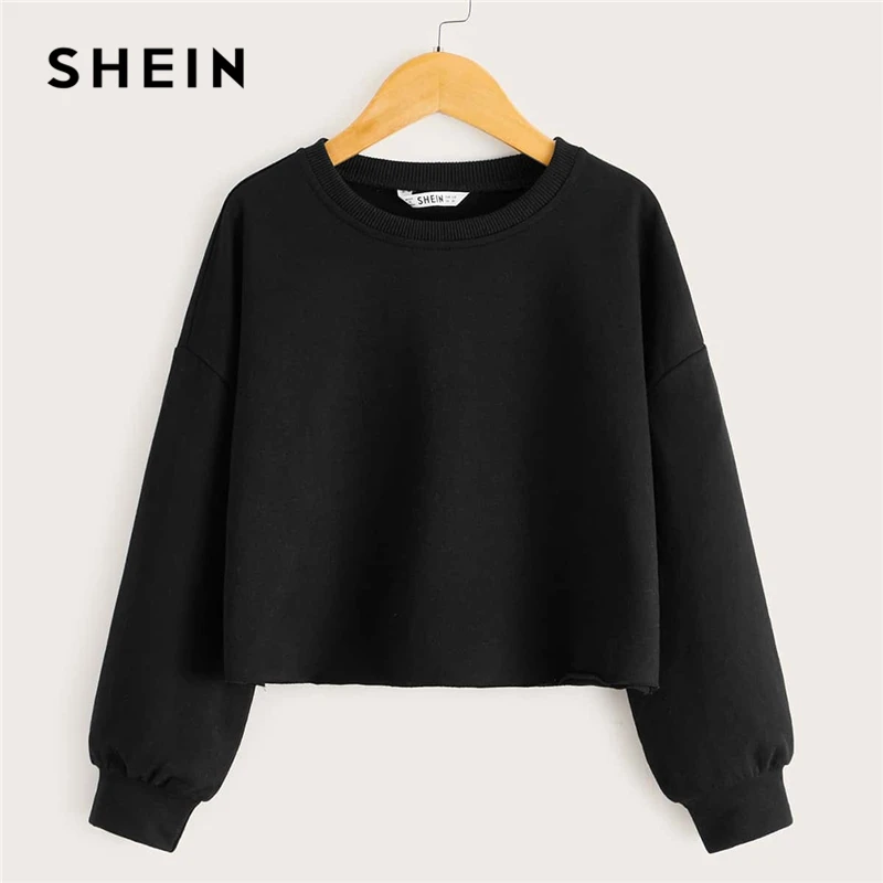 

SHEIN Kiddie Solid Drop Shoulder Girls Sweatshirts Kids Pullovers 2020 Spring Long Sleeve Teenagers Casual Crop Sweatshirts