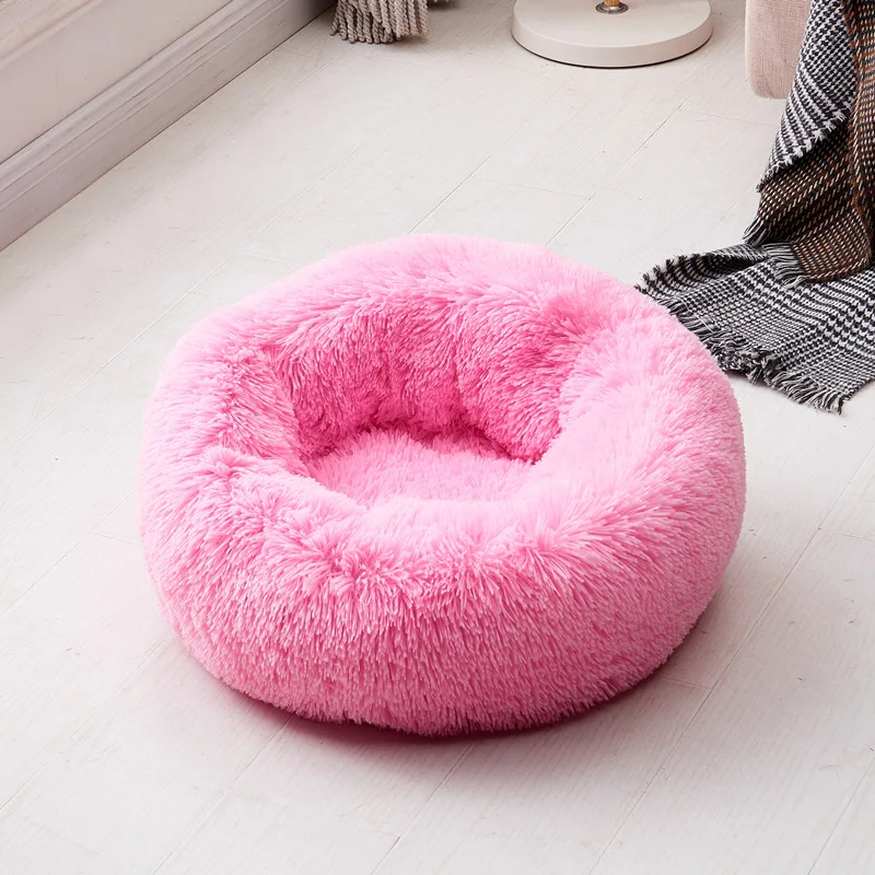 Роскошный ворс из искусственного меха пончик Cuddler круглый пончик клетка для кошек питомник собака подушка кровать машинная стирка водонепроницаемое дно - Цвет: pink