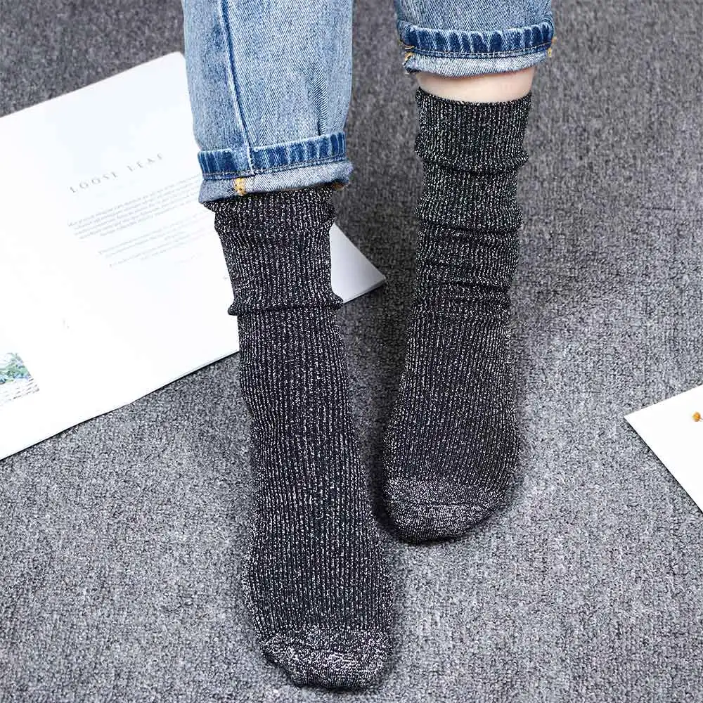 Новые весенне-осенние женские сверкающие носки серебряные шелковые блестящие носки яркая простая трубка носки для подростков длиной до середины икры