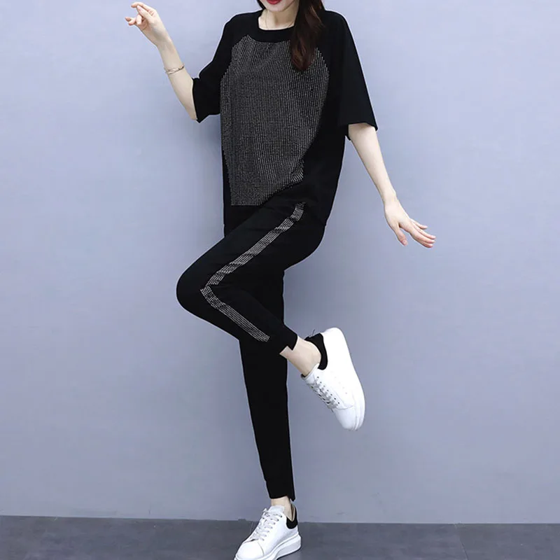 

Loose Hot drill Women's Sets Summer Women New Fashion Two-piece Women Set 2020 Large size Splice Leisure Women Sets JK129