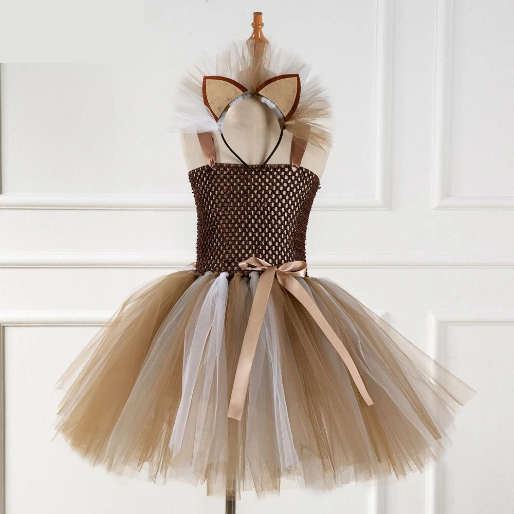 New Girls Lion Tutu Dress Brown Flowers Kids Girls Birthday Party Dress