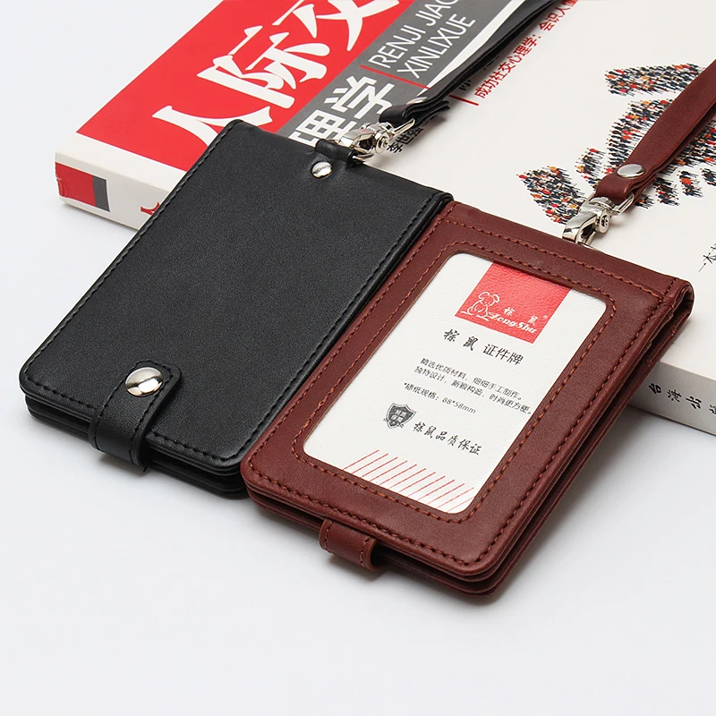 Leather Business ID/Badge Holder Case with Neck Strap Band for Name Tag Id Card Lanyard Chest Card Work Pass wallet card holder card holder id card case business card holder id card holder card wallet document card wallet credit card holder wallet card bag