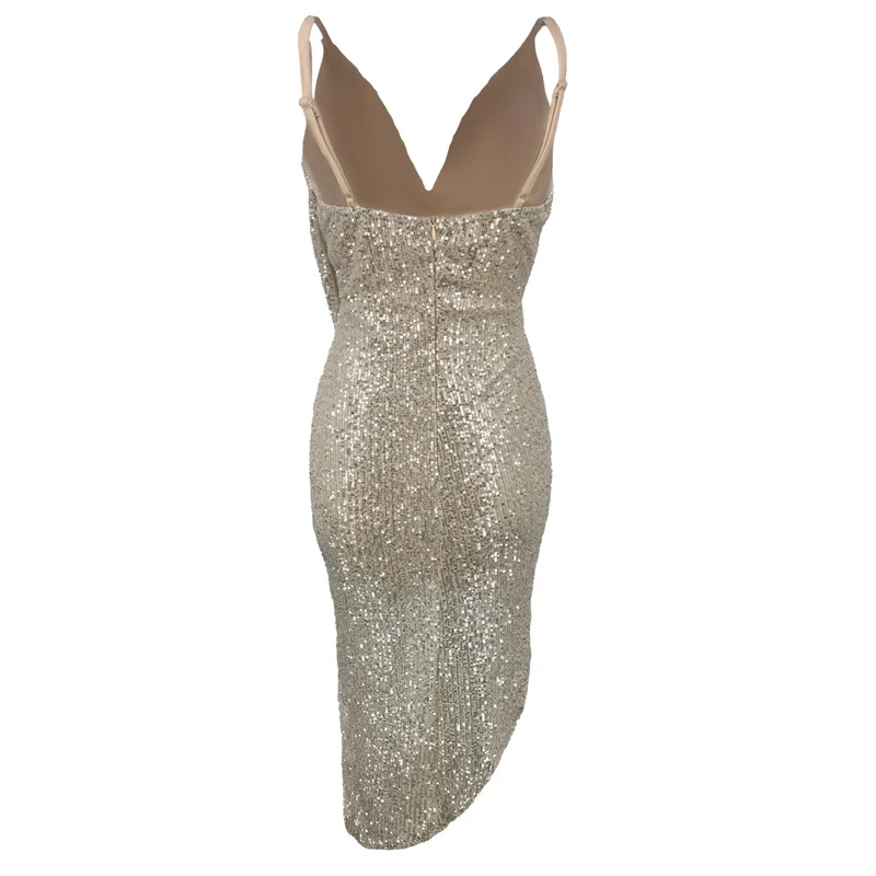 Silver Deep V Neck Strapless High Split Sequined Glitter Dress