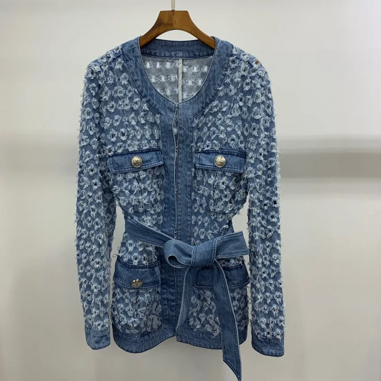 

Chic women's belt denim jackets 2019 autumn hollow-out jackets coat B026