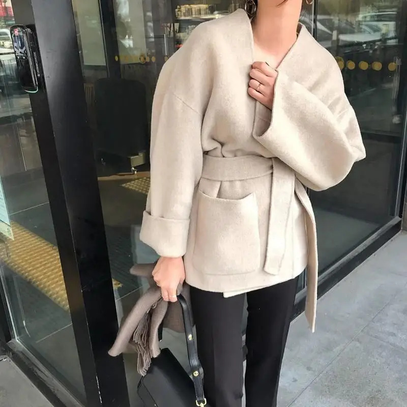 Осень зима длинный рукав теплое толстое шерстяное пальто карманы корейский стиль размера плюс тренд пальто одноцветное свободное элегантное шерстяное пальто