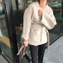 Осень зима длинный рукав теплое толстое шерстяное пальто карманы корейский стиль размера плюс тренд пальто одноцветное свободное элегантное шерстяное пальто