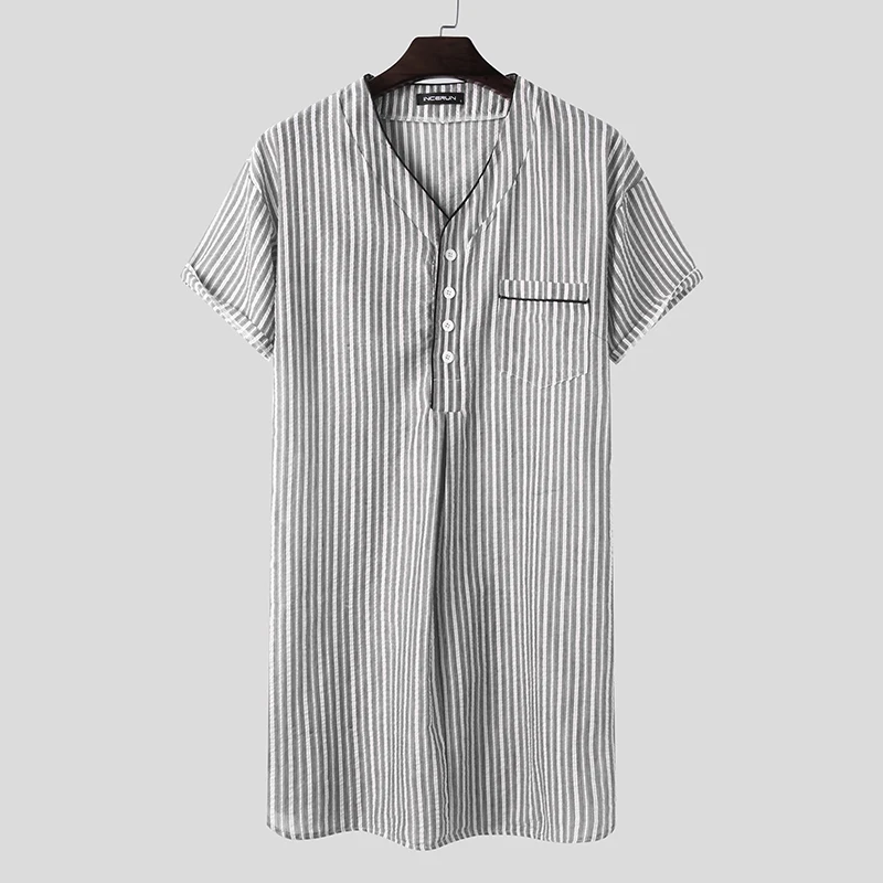 Leisure Striped Homewear Mens Cotton Sleepwear Summer Short Sleeve V Neck Nightgown Breathable Night Dress Shirts INCERUN S-5XL mens pjs Men's Sleep & Lounge