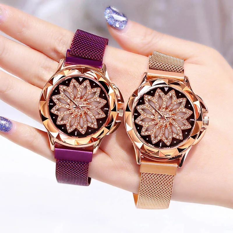 

Good Luck Flower Dial Watch Women Luxury Jewelry Surface Shiny Rose Gold Watches Ladies Magnetic Clock Romantic Starry Sky Watch