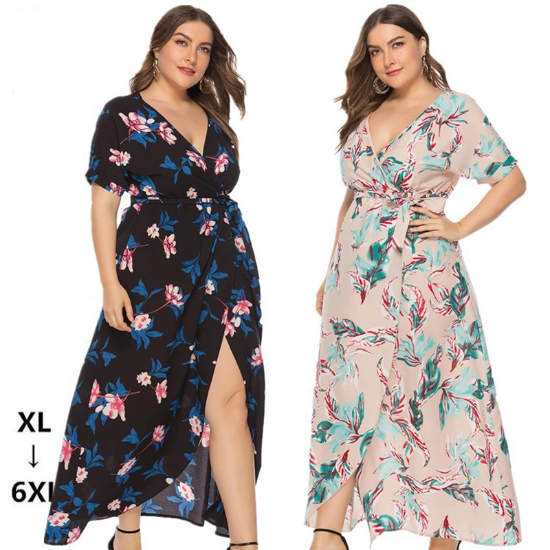 Plus Size XL-6XL Floral Dresses With Slit 2021 V Neck Short Sleeve Print Party Elegant Slim High Waist Flowers Boho Beach Dress | Женская