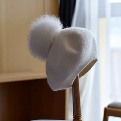 Beret Women Winter Hat Wool Knit Real Fur Pompom Autumn Warm Skiing Accessory For Outdoors Luxury
