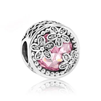 

925 Sterling Silver Bead Charm Openwork Dazzling Daisy Meadow With Crystal Beads Fit Bracelet Bangle DIY Jewelry