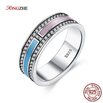 

TONGZHE 100% Real 925 Sterling Silver Ring Pink Blue Enamel Rings For Women Wide Band CZ Crystal Wedding Jewelry Gift KLTR040-1