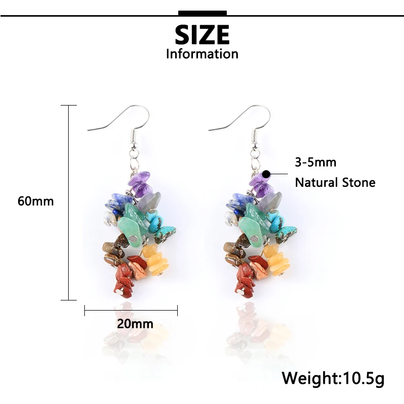 Women Natural Stone 7 Chakras Dangled Earring Asymmetr Chip Gravel Pierced Earrings Hoop Gold Silver Color Hanging Jewelry