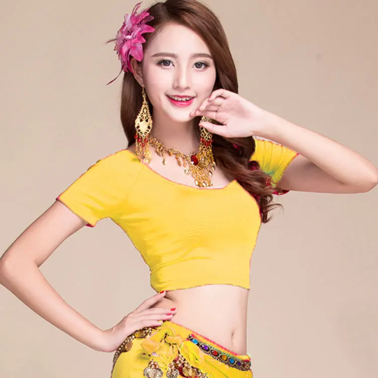 Yellow top Новое поступление, женская одежда для танца живота, короткие юбки, тренировочные сексуальные завернутые восточные костюмы для танца живота, топ, юбка, аксессуары - Цвет: Yellow top