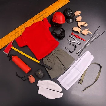 

1/6 Scale Explorer Engineering Fireman Red T shirt Green Shorts with Accessories for 12''Figures Models