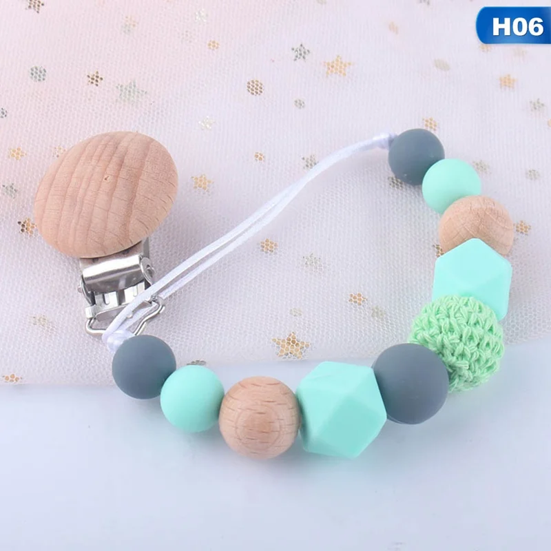 Детская Соска с зажимом и цепочкой, деревянный держатель, соска, соска с зажимом, силиконовые бусины, соска, анти-капля, держатель для младенцев, подарок для душа - Цвет: H06