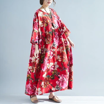 

[EWQ] 2020 Psring Summer New Arrivals O-neck Three Quarter Sleeve Print Pattern Women Casual Loose Was Thin Dress AW94703