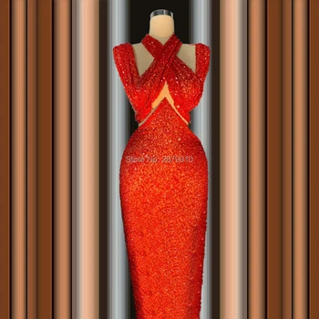 

Elegant Halter 2020 Red Evening Dress Sheath Floor-Length Beaded Sequins Robe De Soiree Aibye Prom Dress Middle East Dubai