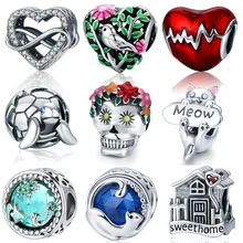 FURUYA Хэллоуин 925 пробы Серьги-подвески с цветочным украшением из чистого черепа Подвески разноцветной эмалью бусины, подходят к оригиналу Pandora, браслет, ювелирные изделия с бриллиантами