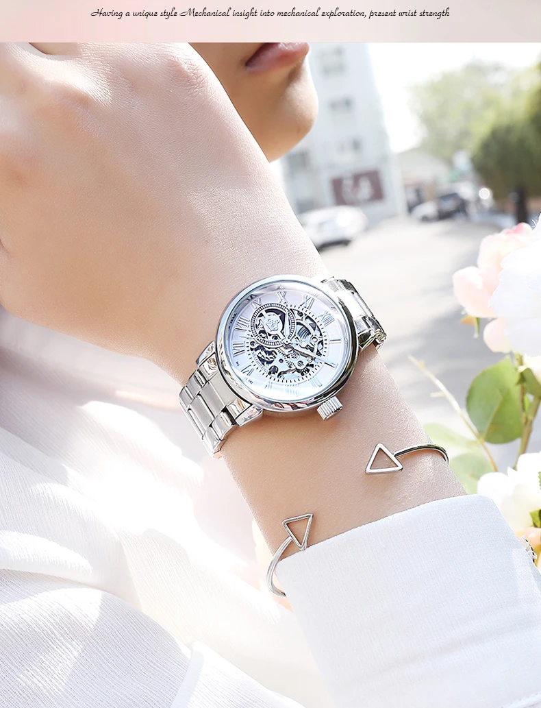 Reloj Mujer Montre Femme серебряные ЖЕНСКИЕ НАРЯДНЫЕ Часы Дамские автоматические механические часы с ремешком из нержавеющей стали