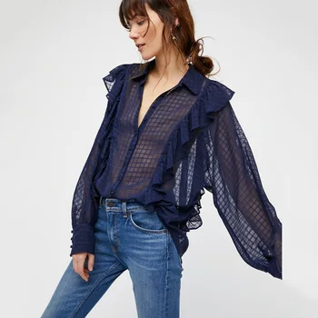 

2020 Summer New Style European and American Fashion Sexy Transparent Grid Men's Shirts Casual Flounced Horn Top Women's