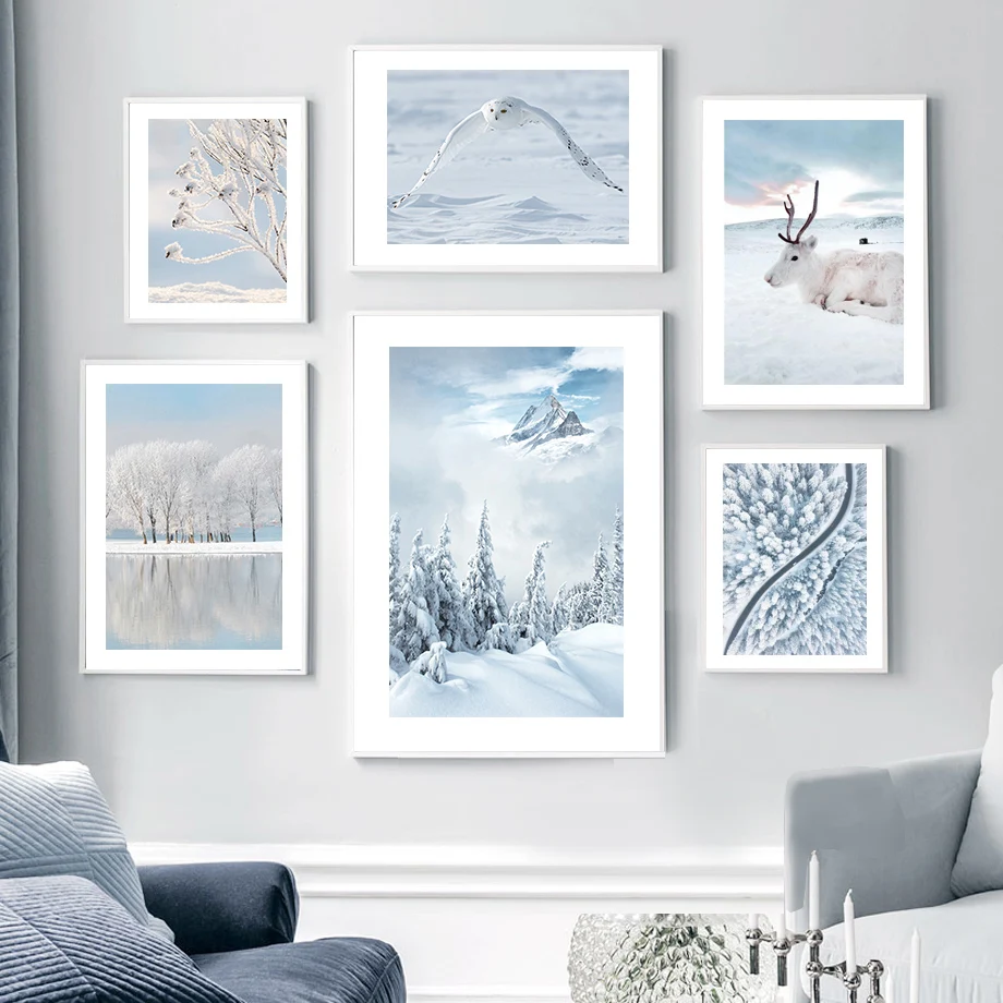 Зимние сосновые деревья олень Орел полярный медведь снег настенная живопись на