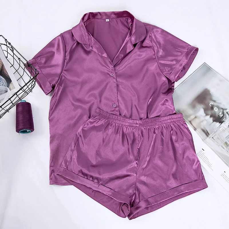 Solid Color Satin Pajamas With Shorts Sleepwear Suit Silk Pyjama For Women Short Sleeve Casual Pajama Sets Women Homewear Spring sexy pajama sets