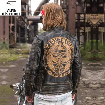 

2020 Vintage Black Men Skulls Pattern Biker's Leather Jacket Large Size XXXL Genuine Cowhide Autumn Slim Fit Motorcycle Coat