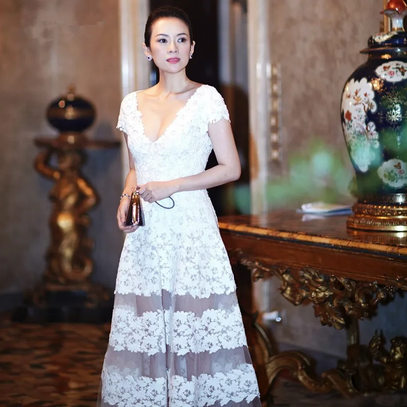 Vestidos de Vestido, Longo, кружевные белые вечерние платья Ziyi Zhang, длинные сексуальные прозрачные белые вечерние платья для выпускного вечера