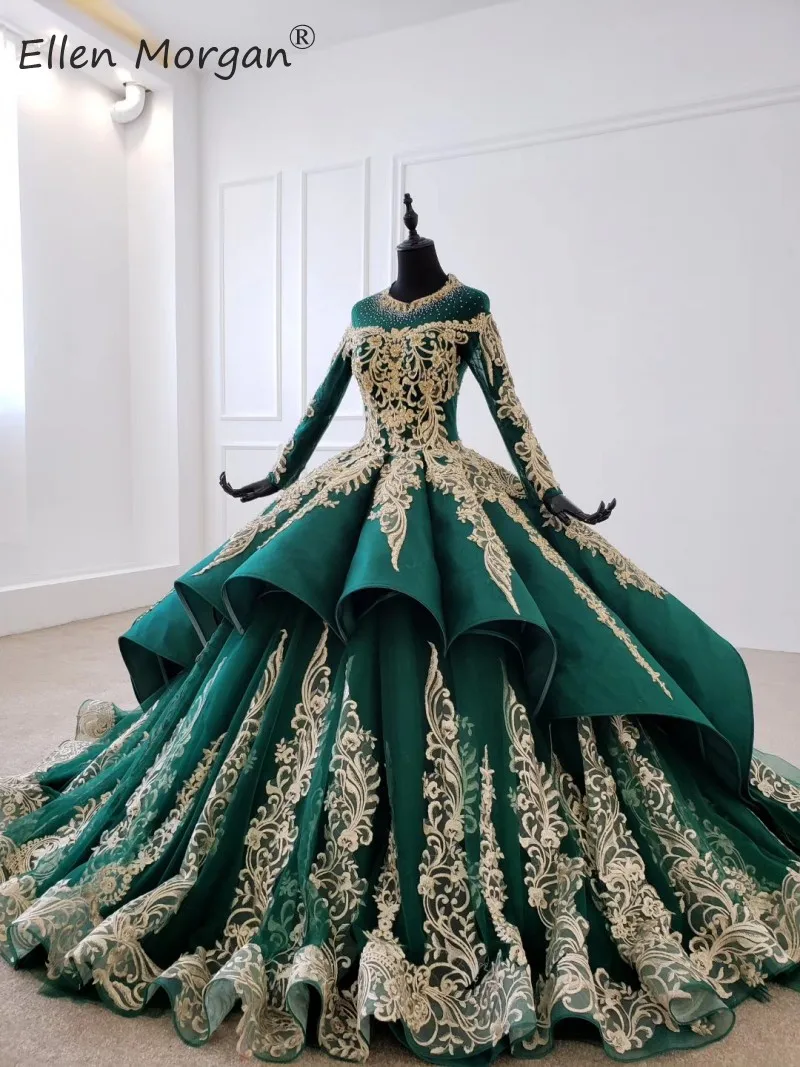 Мусульманские Бальные платья для невесты с длинными рукавами Vestidos De Novia темно-зеленые пышные кружевные свадебные платья с круглым вырезом и открытой спиной в Дубае