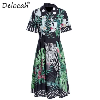 

Delocah Summer Women Fashion Designer A-Line Dress Short Sleeve Jungle Floral Print Vintage Elegant Female Midi Dresses vestidos