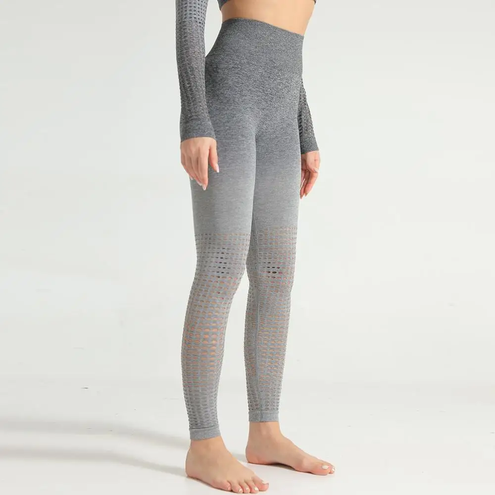 Gray Pant 2 шт., Женский бесшовный комплект для йоги с эффектом омбре, укороченный Топ с длинным рукавом+ высокая талия, контроль живота, спортивные Леггинсы, спортивный костюм для тренировок в тренажерном зале - Цвет: Gray Pant