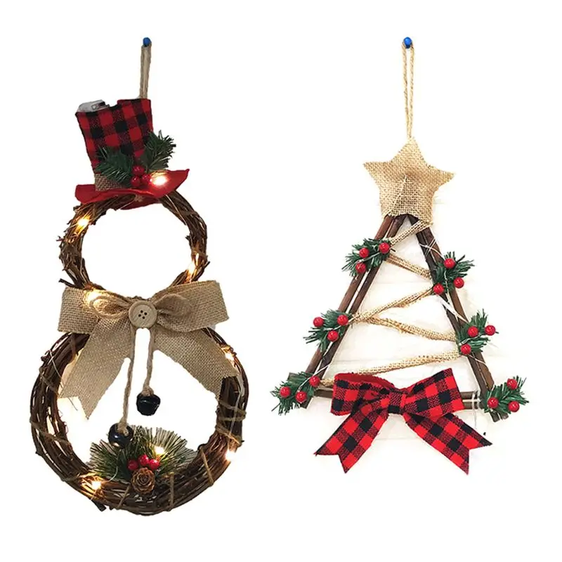 

LED Xmas Door Wreath Hanging Pendants Wall Ornament Bow Snowman Tree Pattern Kids Present Home Decoration Christmas Party