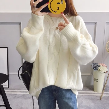 

O-neck Loose Solid Women Pullover 2020 Autumn Winter Knitted Long Sleeve Female Sweater Ladies Knitwear Pull Jumper