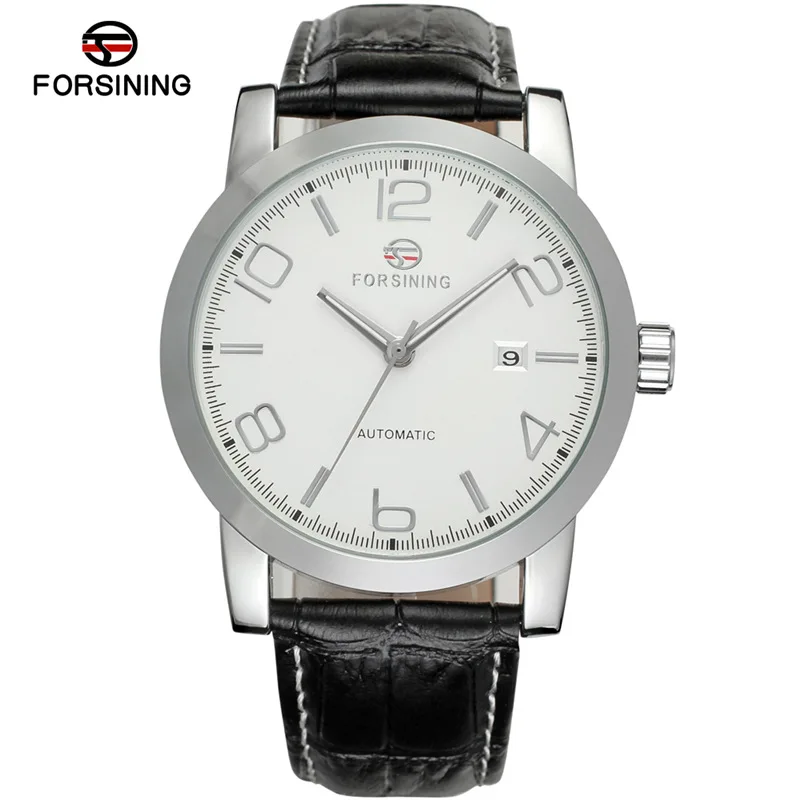 Silver White FORSINING модные повседневные простые деловые мужские механические часы, кожа, серебристый чехол, Мужские Роскошные автоматические часы relogio masculino - Цвет: Silver White