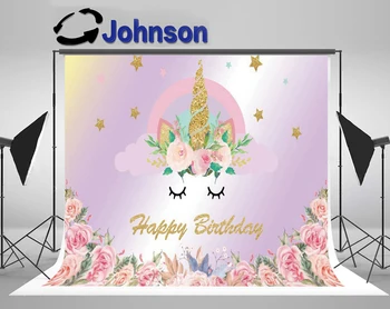 

Discount Gold Star Unicorn S Horn Rainbow Watercolor Flower Kid Birthday backdrop Computer print party backgrounds