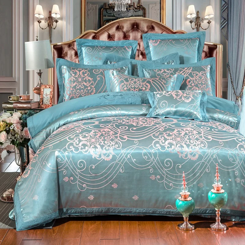 KELUO Luxury Wedding jacquard mulberry silk bedding 100%cotton Embroideredincluding duvet cover bed sheet pillowcase GRAY - Color: Such as pictures