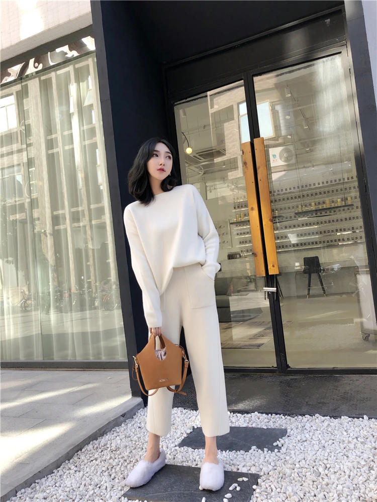 Autumn Winter Knitted Sweatshirts Tracksuit Women Cashmere Clothing 2 Piece Set Thick Warm O-neck Sweater+Ankle-Length Pant Suit