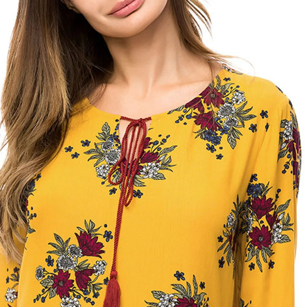 Fall Muslim Women's Floor-Length Dresses Lantern Sleeve A-Line Pullover Ethnic Maxi Dresses Yellow Floral Elegant Dresses