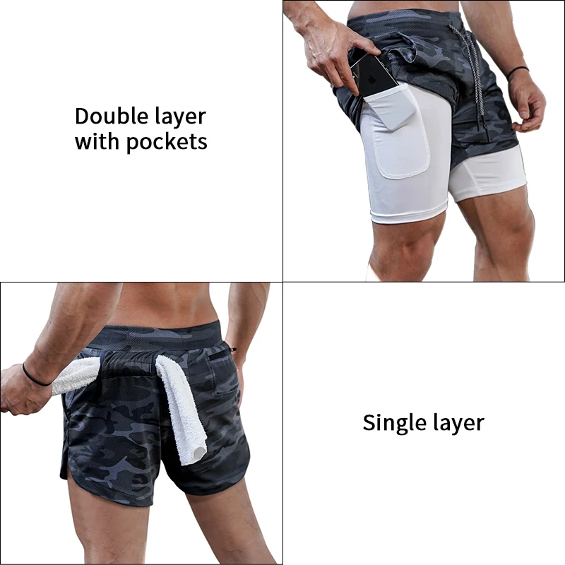Men's Running Shorts Camo Gym Fitness Compression Workout Basketball 2 In 1 Tights Quick Dry Training Clothing Sports Shorts Man
