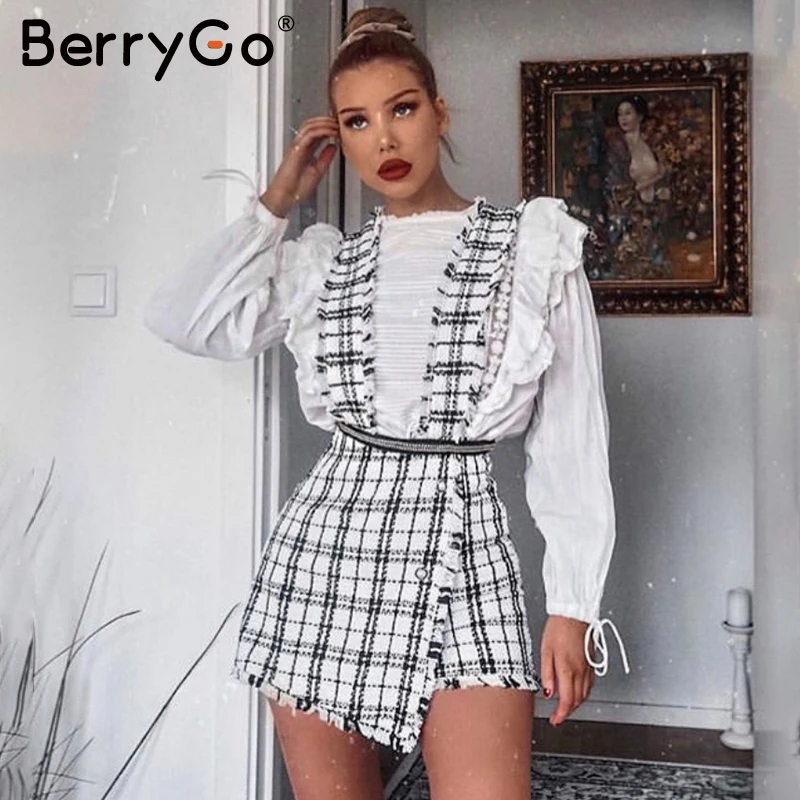 

BerryGo Sexy A-line tweed plaid women short vest skirt Autumn winter casual ladies party skirt Spaghetti strap female mini skirt
