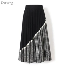 Высококачественная женская модная юбка миди с рисунком «гусиная лапка», Женская плиссированная вязаная плотная черная Теплая юбка с высокой талией, зима, SK470